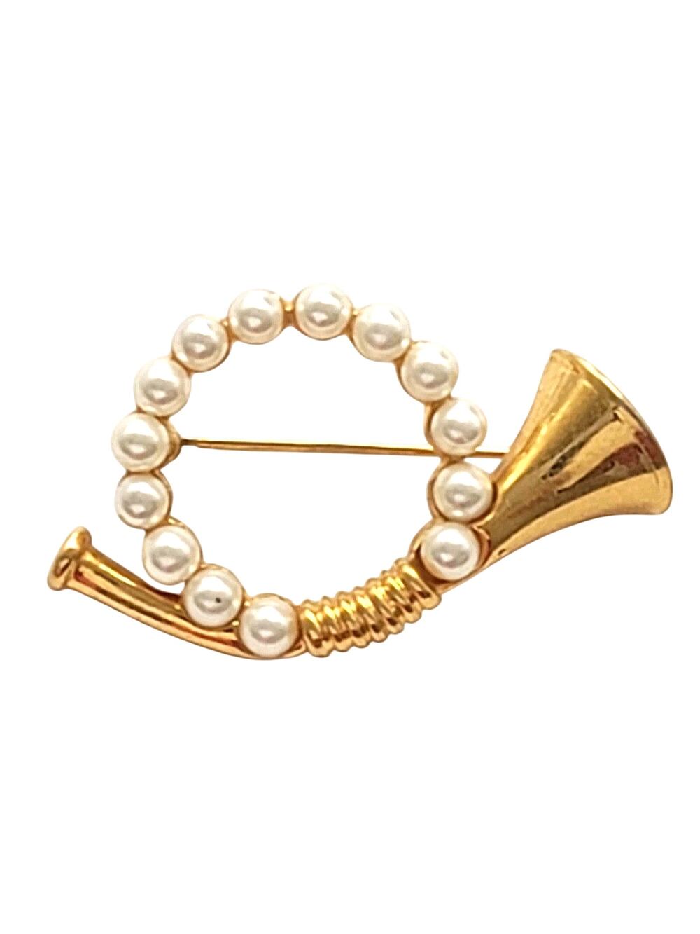 Napier French Horn Faux Pearl Gold Tone Music Brooch Vintage